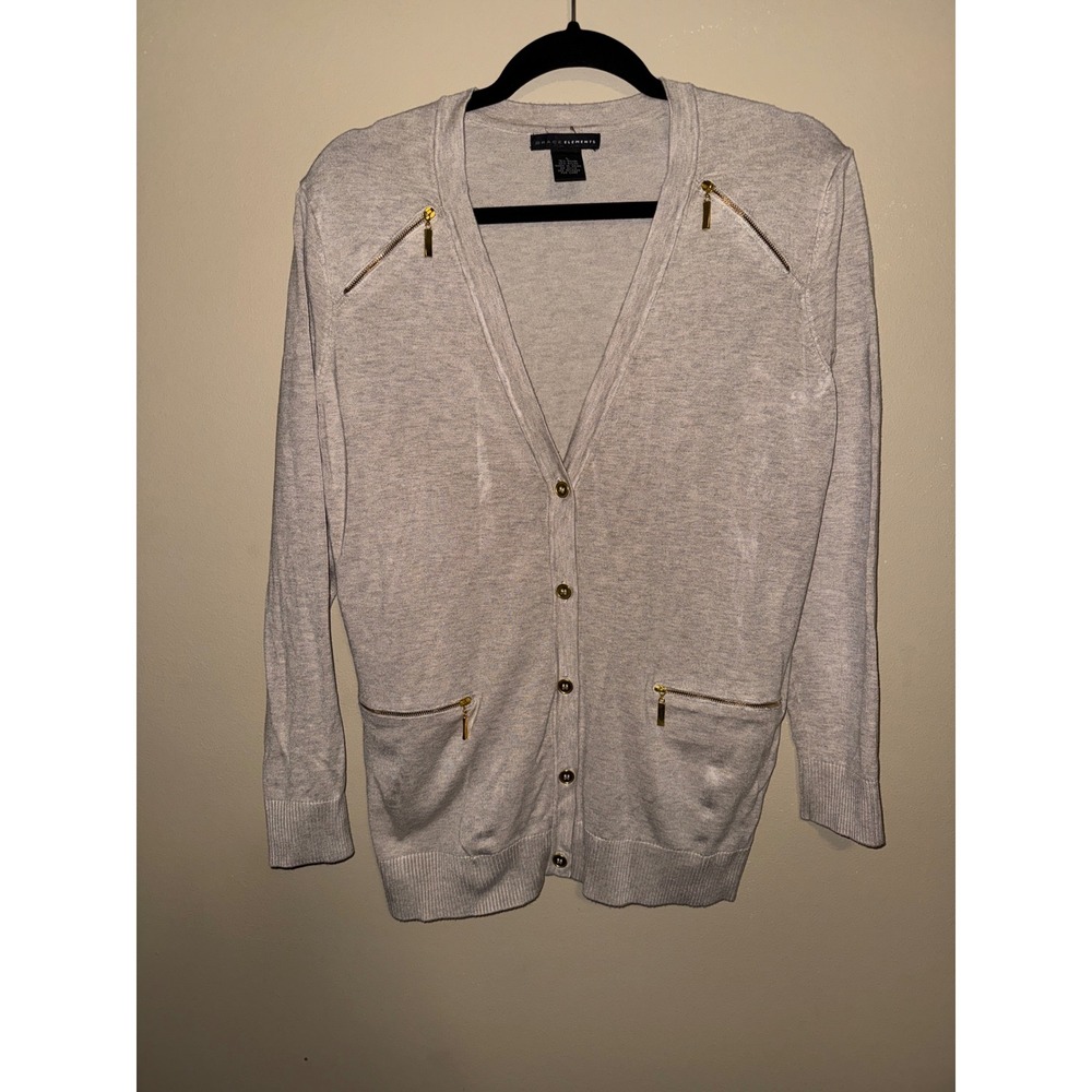 Chic Womens Large Oatmeal Heather Gold Zipper V-Neck Cardigan Sweater Office